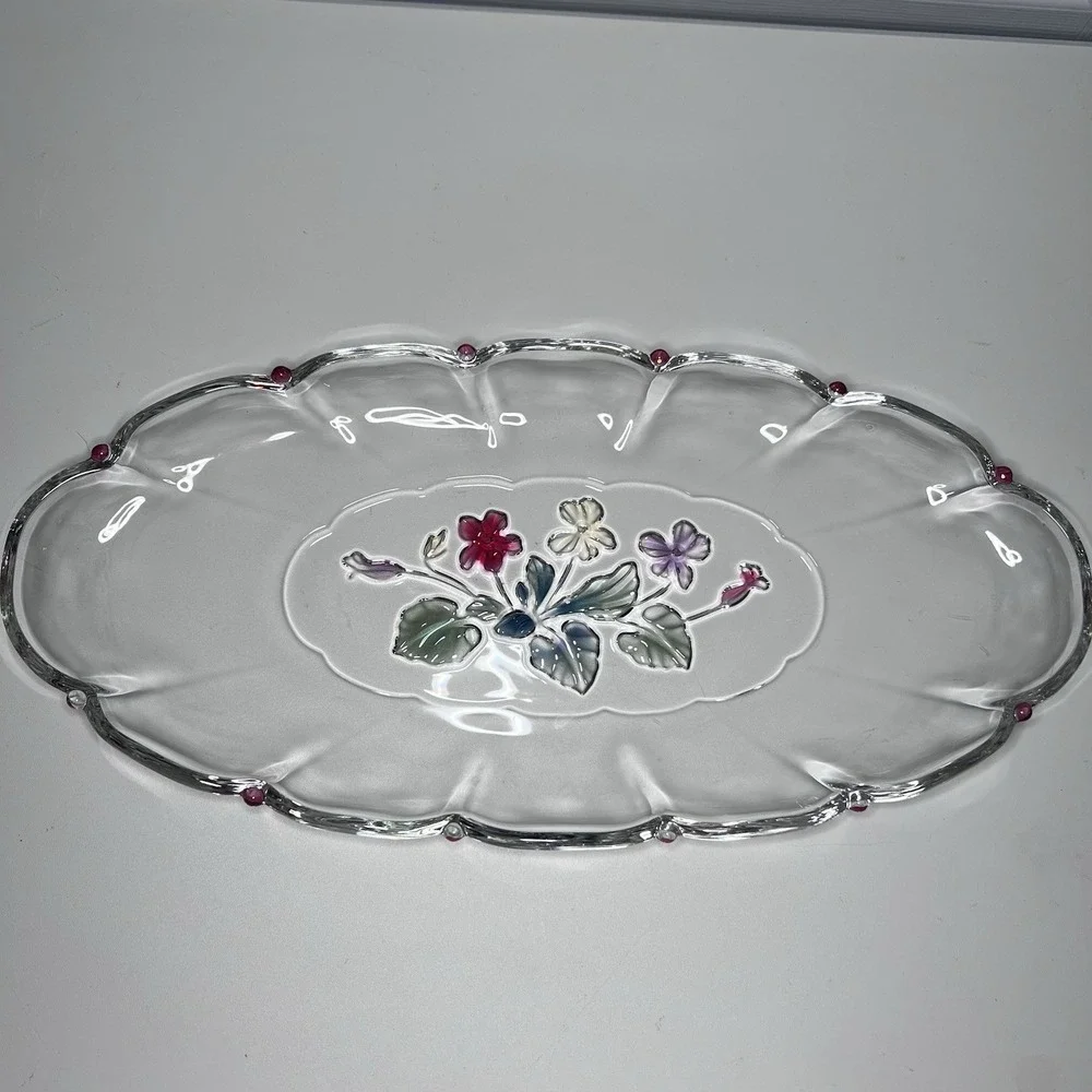 Mikasa Glass Oval Serving Tray‎ 15x7 Floral & Scalloped Edges